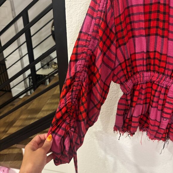 Free People Pacific Dawn Plaid Shirt Snap Front Closure Drawstring - Picture 5 of 6